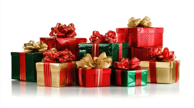 Collection of wrapped gifts in red, green, and gold with ribbons and bows on white background