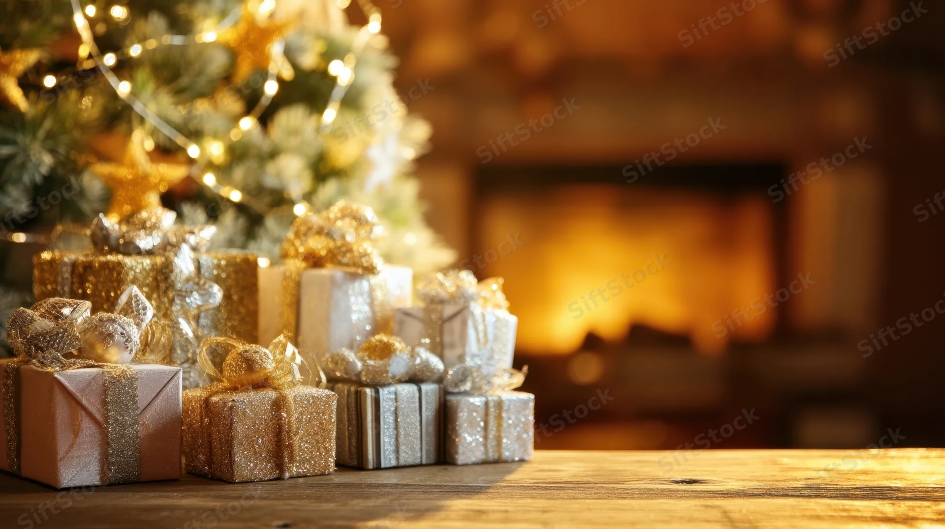 Wrapped gifts in gold and silver under a lit christmas tree beside a fireplace on a wooden table