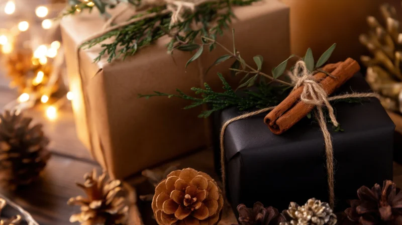 Wrapped gifts adorned with evergreen sprigs and cinnamon sticks on a wooden table with pinecones and fairy lights
