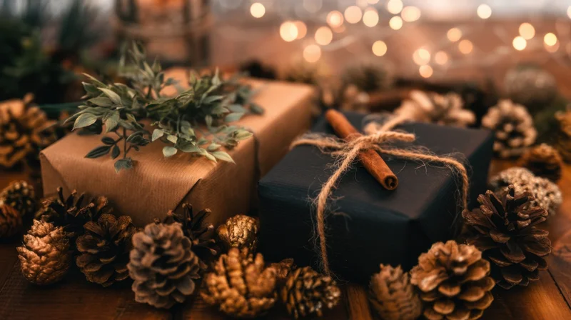 Wrapped gifts with pinecones and cinnamon sticks on a wooden table surrounded by warm lights