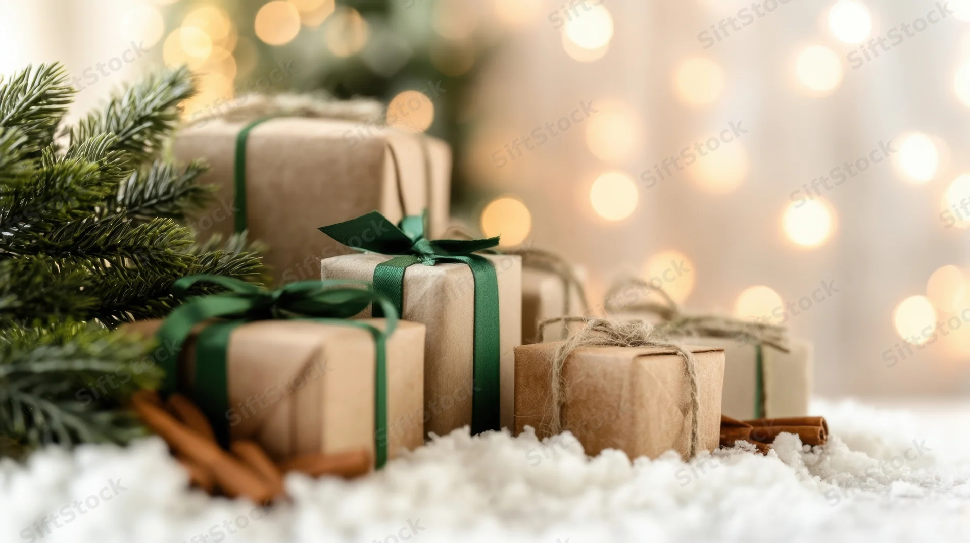 Wrapped gifts with pine branches and cinnamon sticks on snowy surface near blurred holiday lights