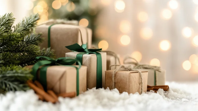 Wrapped gifts with pine branches and cinnamon sticks on snowy surface near blurred holiday lights