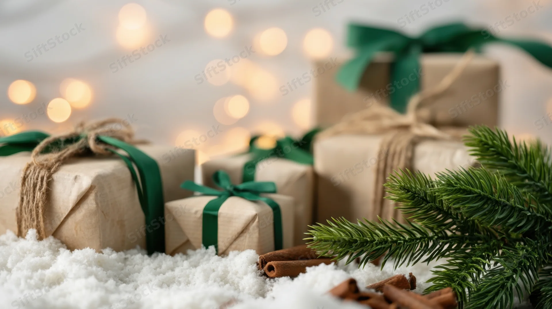 Wrapped gifts with green ribbons and pine branches on snowy surface near warm lights