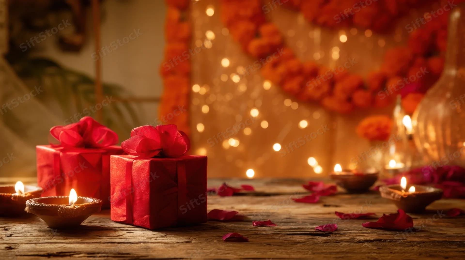 Red gift boxes with lit diyas and marigold garlands on wooden table during diwali celebration