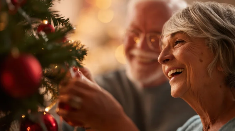 Senior couple smiling while decorating a christmas tree indoors