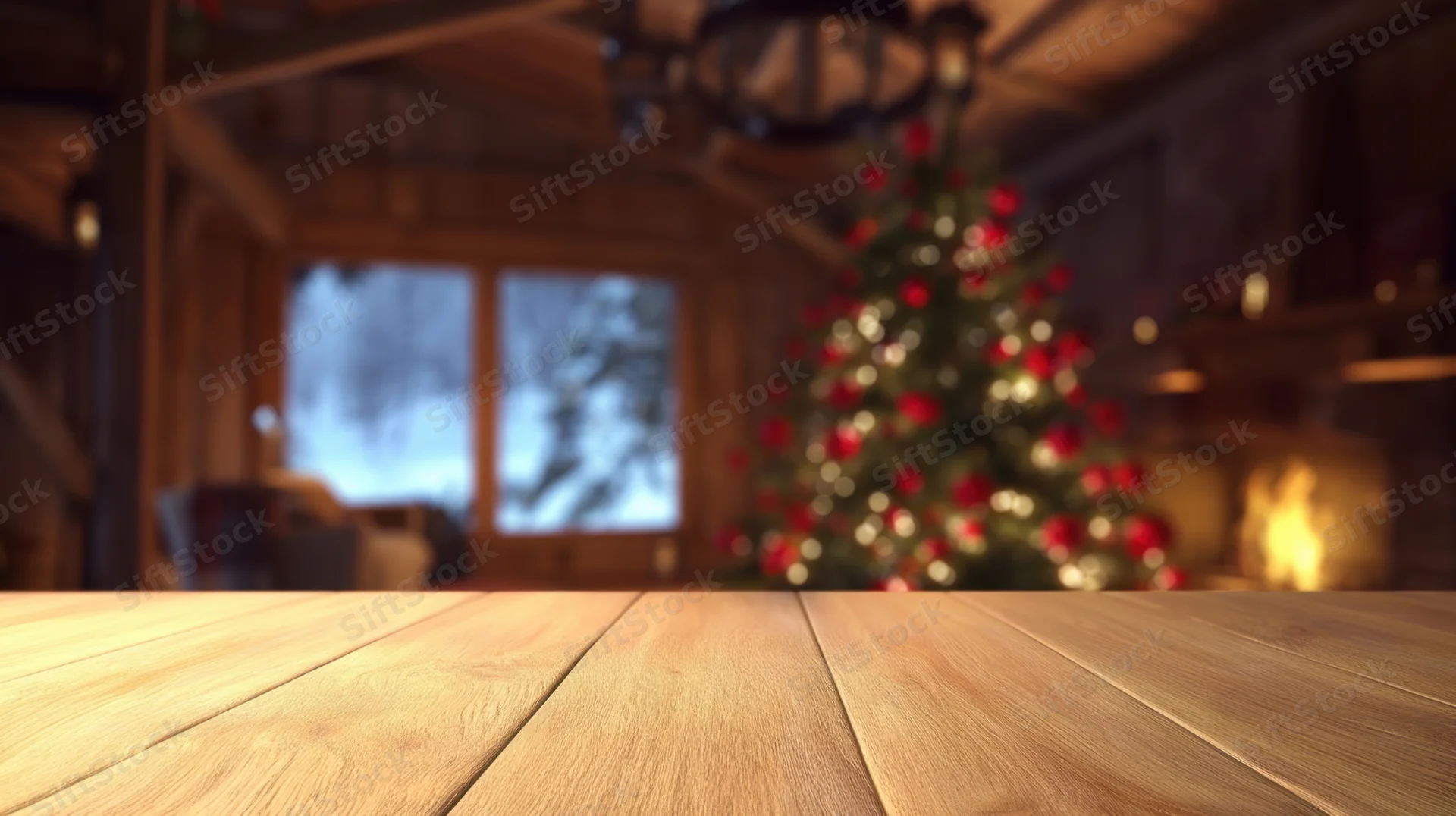 Wooden table in a cozy cabin interior with blurred christmas tree and fireplace in background