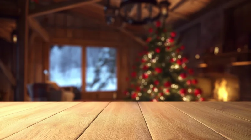 Wooden table in a cozy cabin interior with blurred christmas tree and fireplace in background