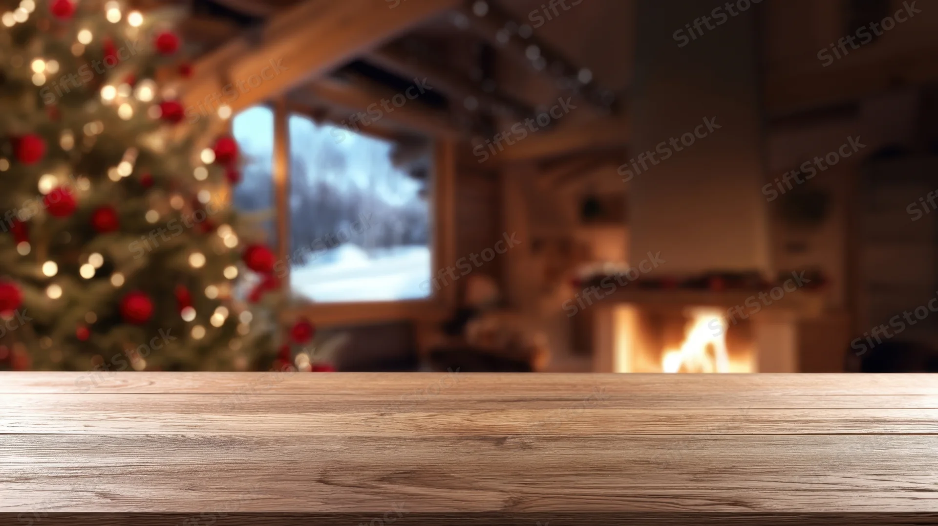 Wooden table in front of blurred christmas tree and fireplace in cozy cabin interior