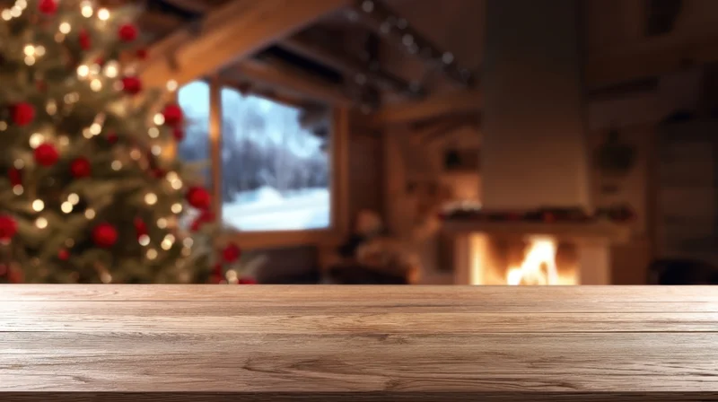 Wooden table in front of blurred christmas tree and fireplace in cozy cabin interior