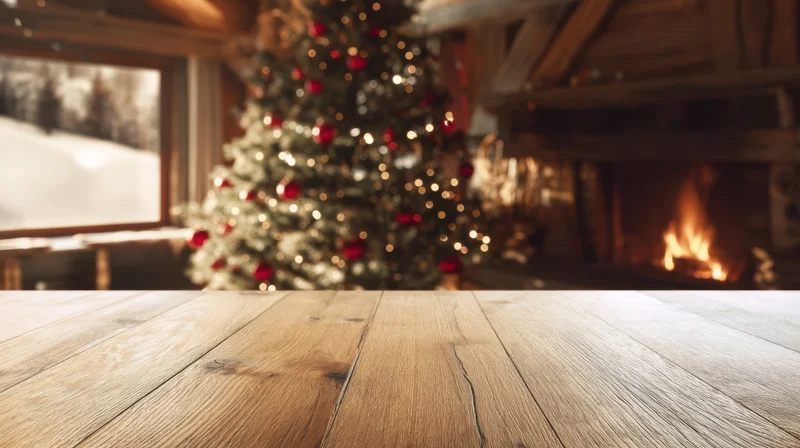 Wooden table in a cozy cabin interior with blurred christmas tree and fireplace in background