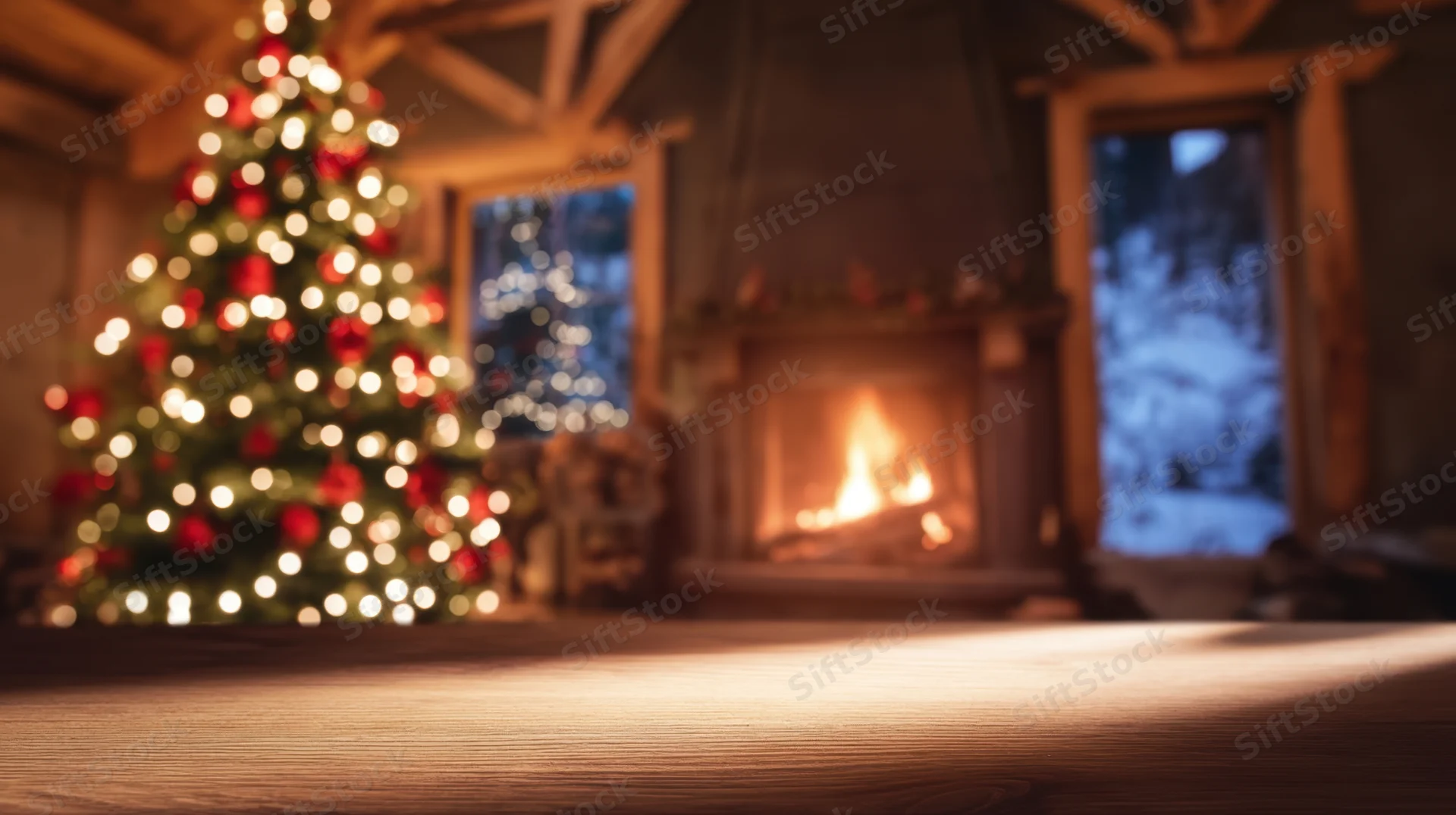 Christmas tree with lights and fireplace in a cozy cabin interior at night