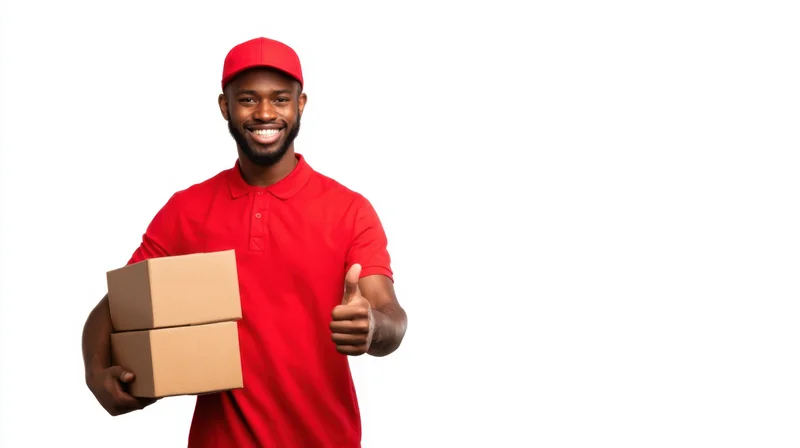 Delivery man holding packages and giving thumbs up against white background