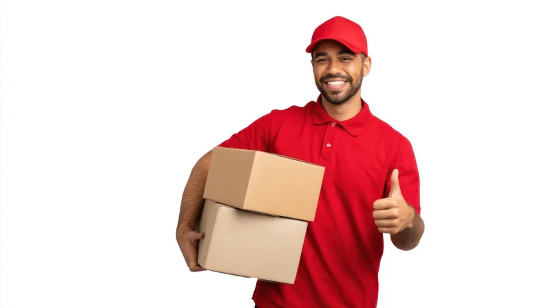 Delivery man holding cardboard boxes and giving thumbs up against white background