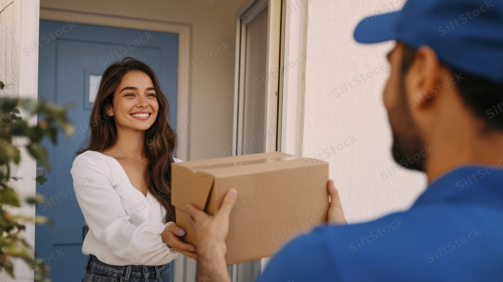 Woman receiving a cardboard package from a delivery courier at her front door