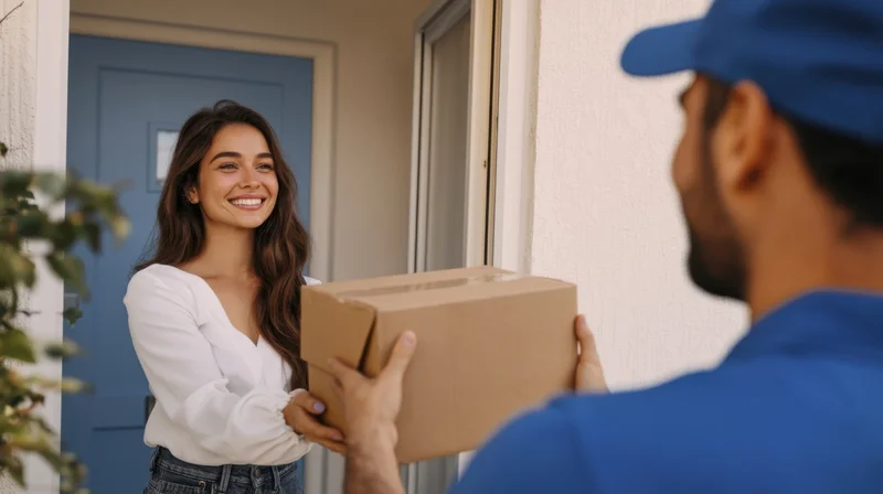 Woman receiving a cardboard package from a delivery courier at her front door