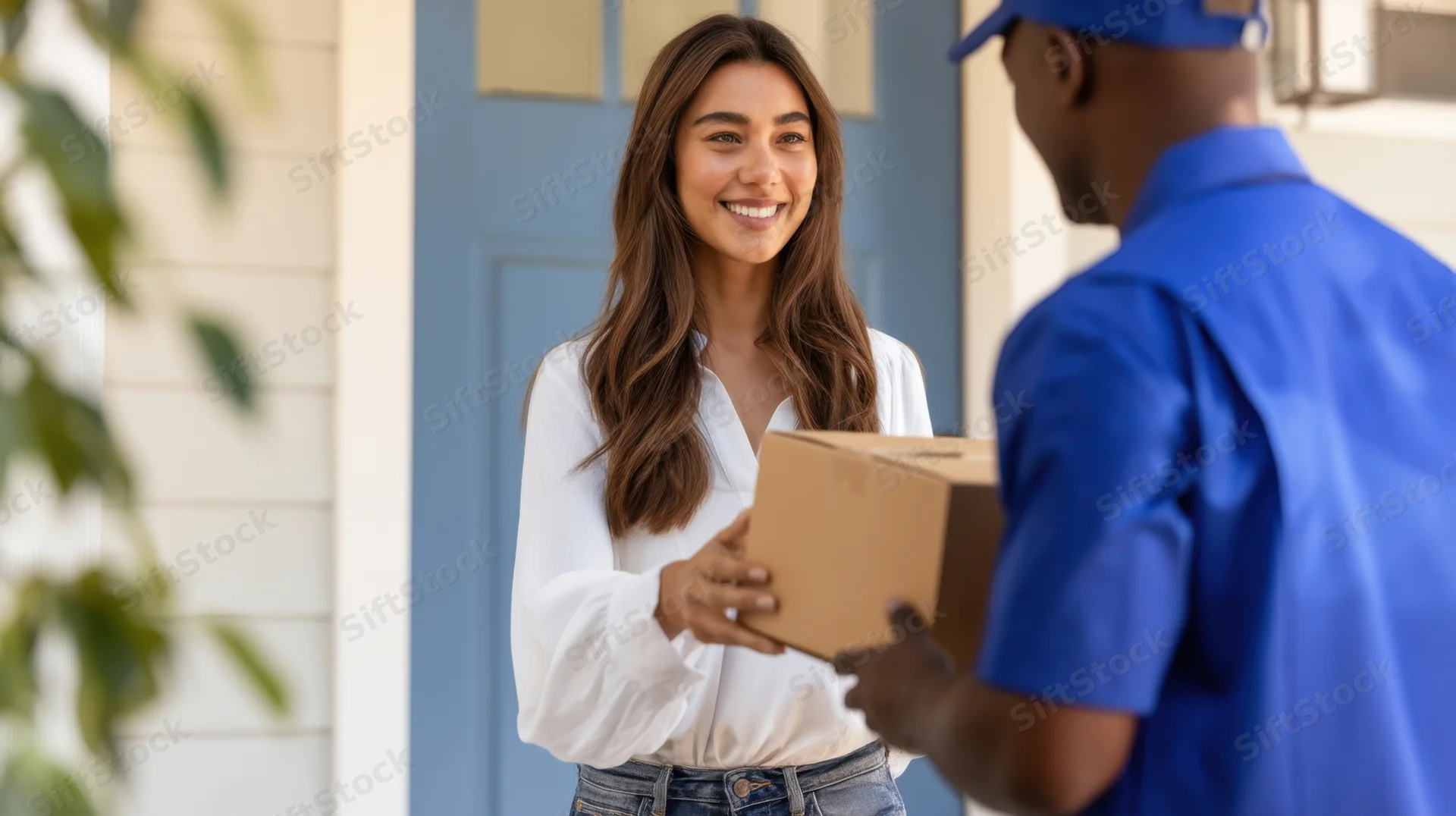 Woman receiving a package from a deliveryperson at her front door