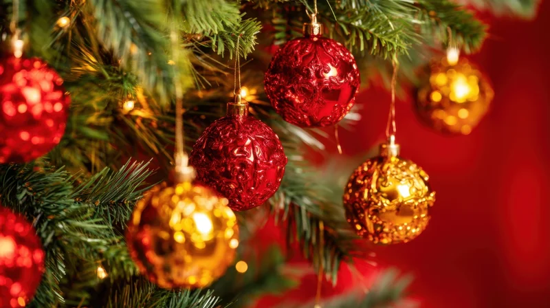 Close-up of red and gold ornaments hanging on a christmas tree with warm lights against a red background