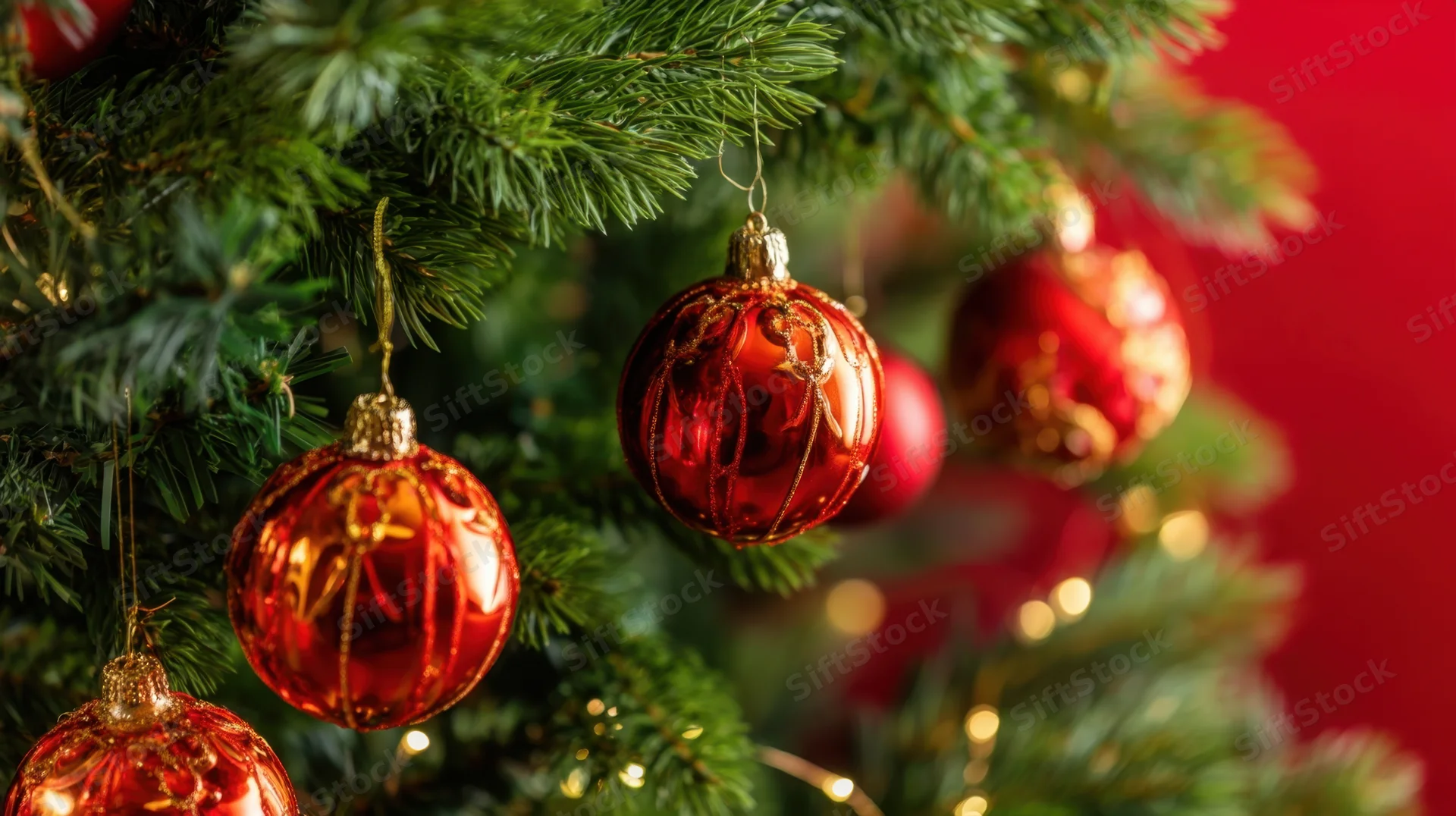 Red glass ornaments hanging on a christmas tree branch with warm lights and a red background