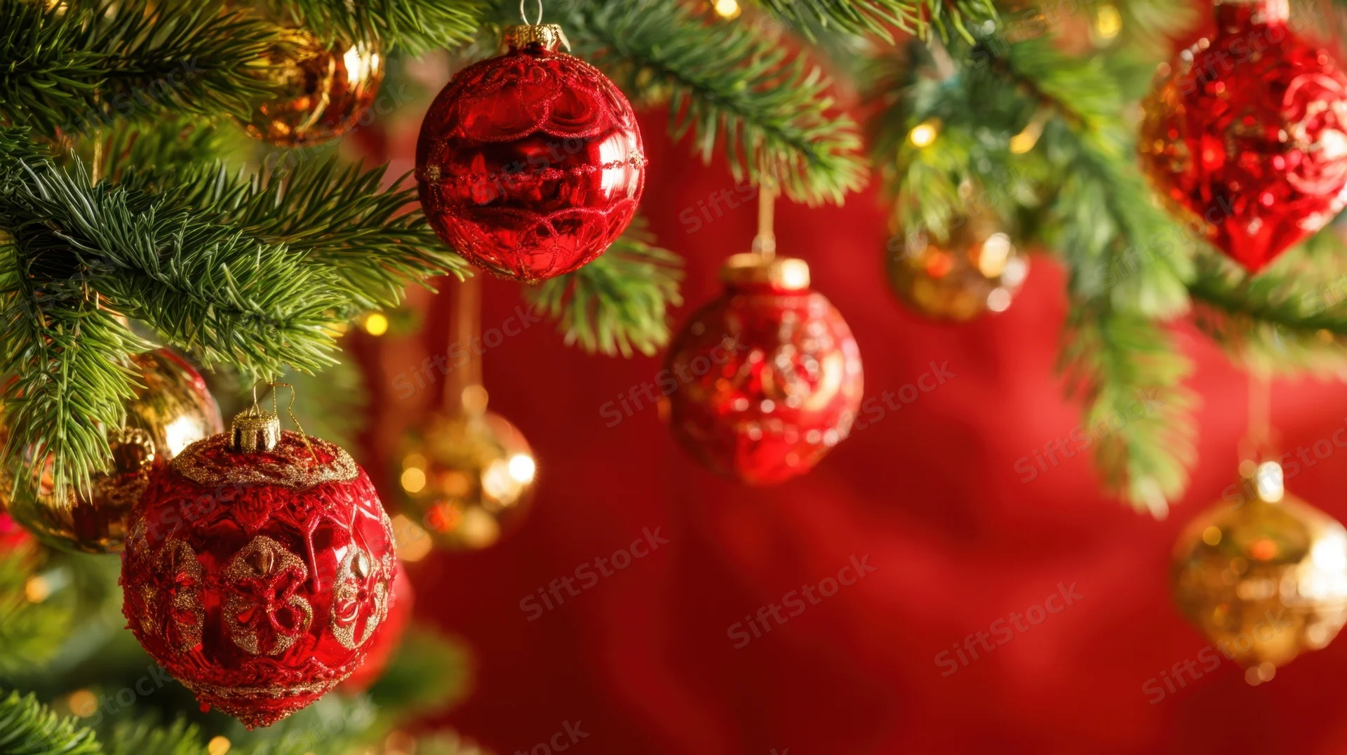 Red and gold ornaments hanging from a christmas tree branch against a red background