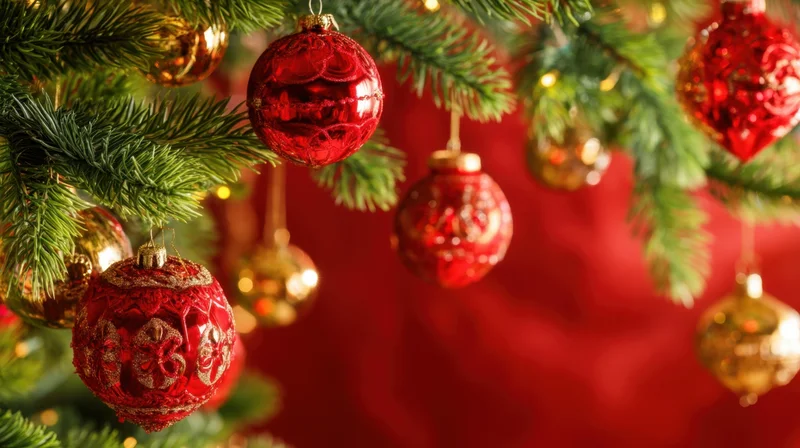 Red and gold ornaments hanging from a christmas tree branch against a red background