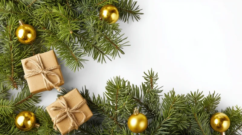 Evergreen garland with gold ornaments and wrapped gifts arranged along the edges of a white surface