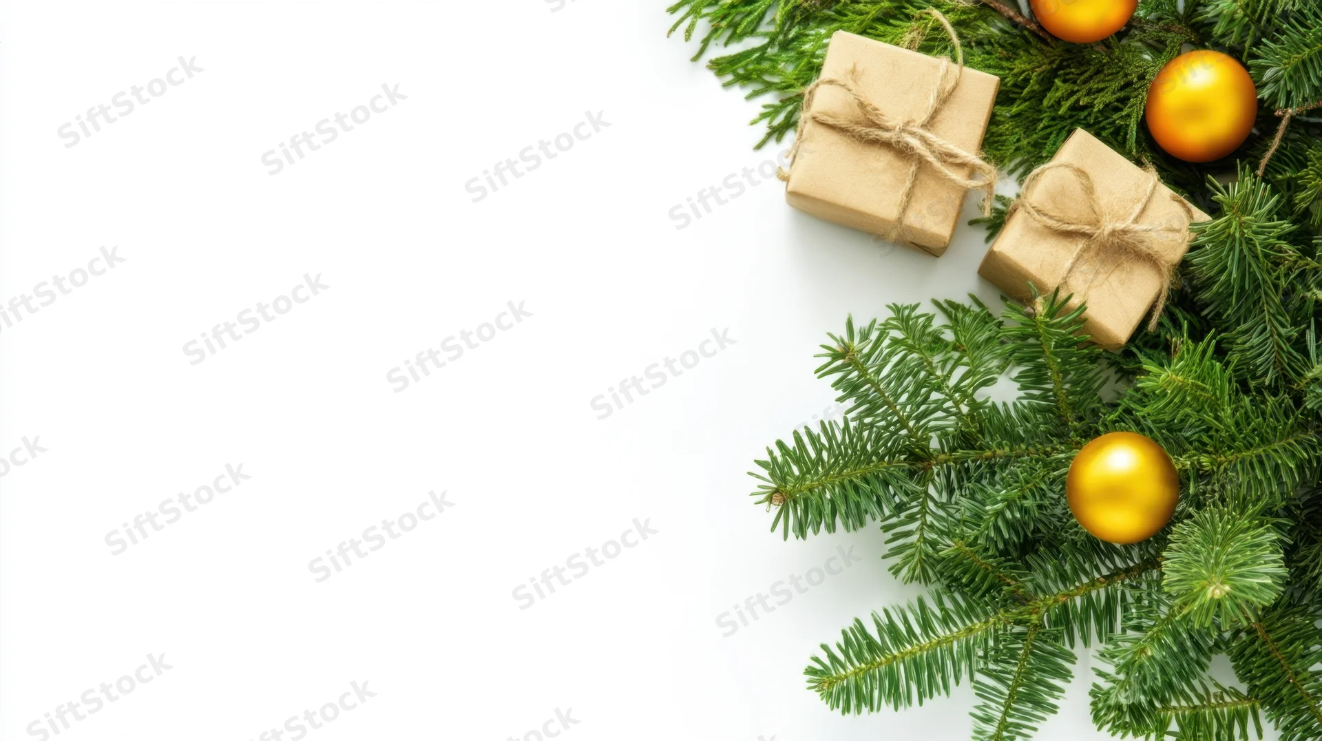 Christmas decorations and wrapped gifts arranged on white background with copyspace