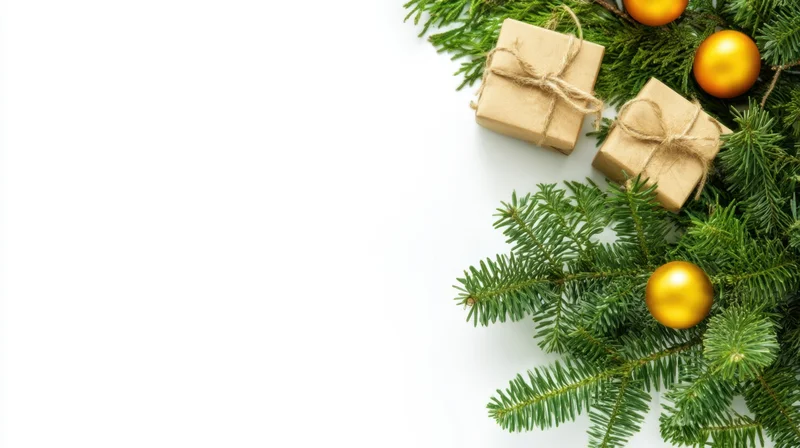 Christmas decorations and wrapped gifts arranged on white background with copyspace