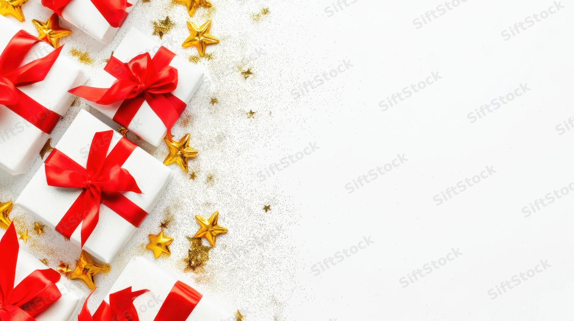White gift boxes with red ribbons and gold stars arranged on a white surface with copyspace