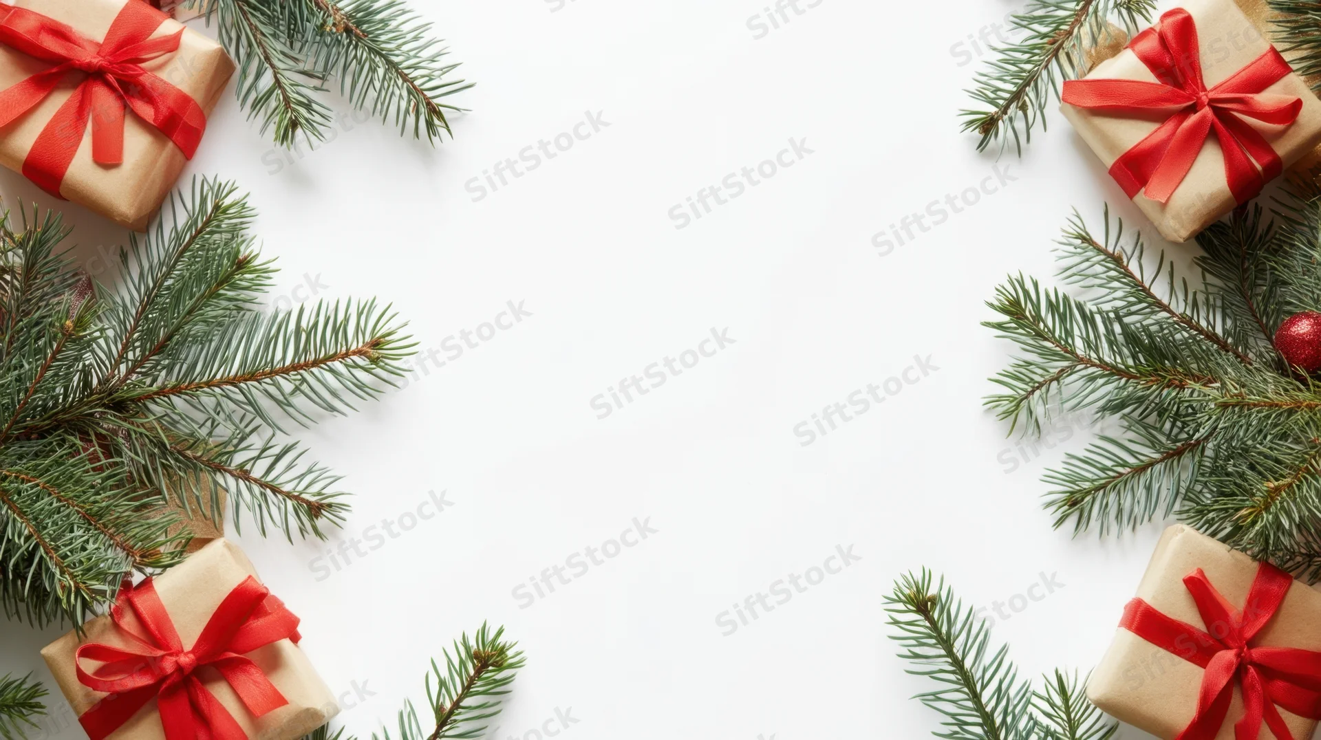 Christmas gifts wrapped in brown paper with red ribbons and pine branches arranged on white surface with copyspace