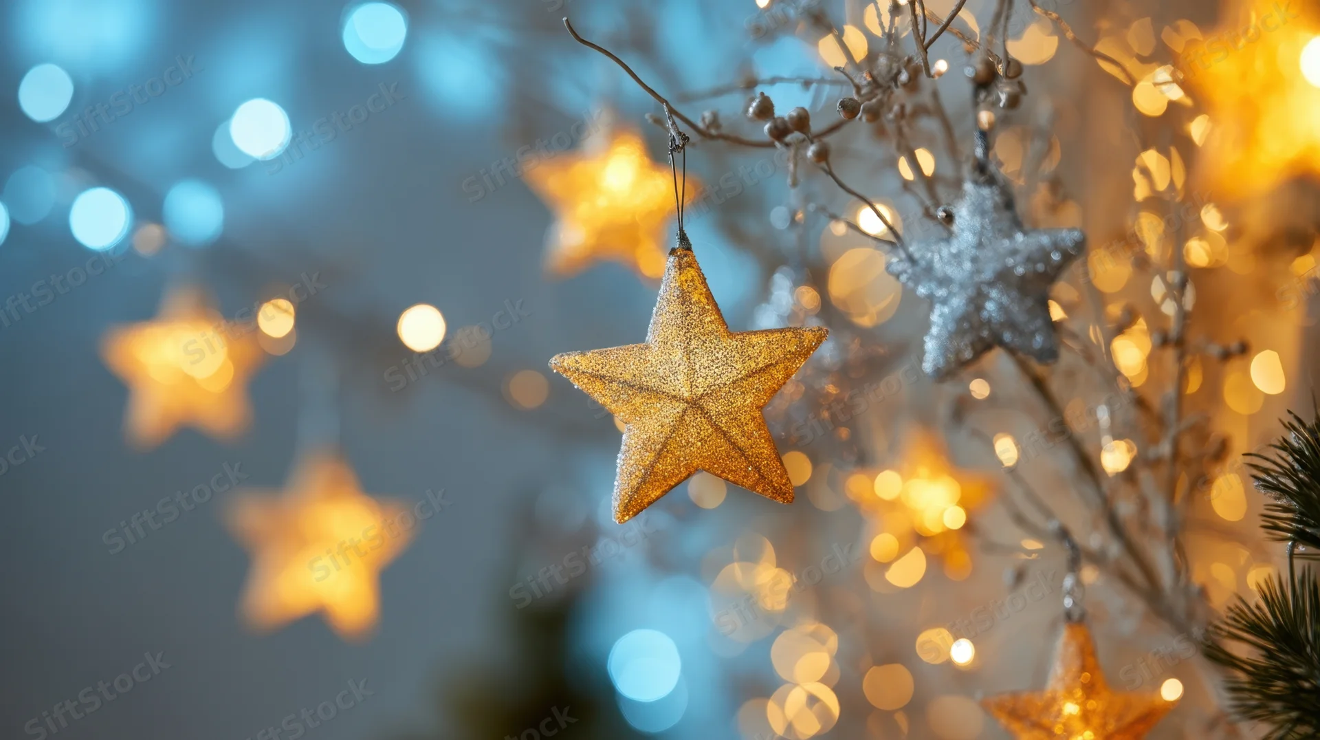 Golden and silver star ornaments hanging on a decorated branch with blurred festive lights in the background