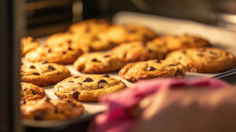 Chocolate chip cookies baking in an oven on a parchment-lined tray with warm light and a hand holding a pink cloth in the foreground