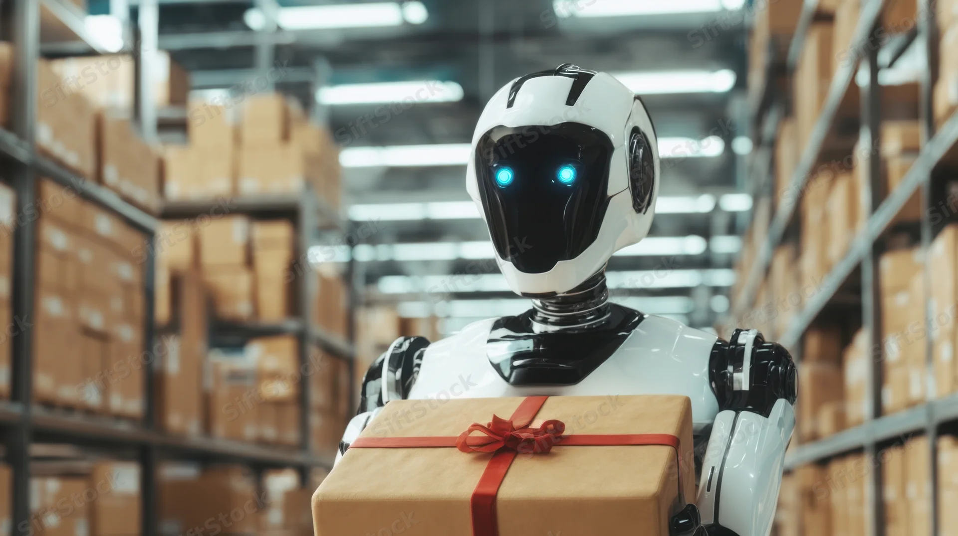 Robot holding a gift-wrapped package in a warehouse aisle