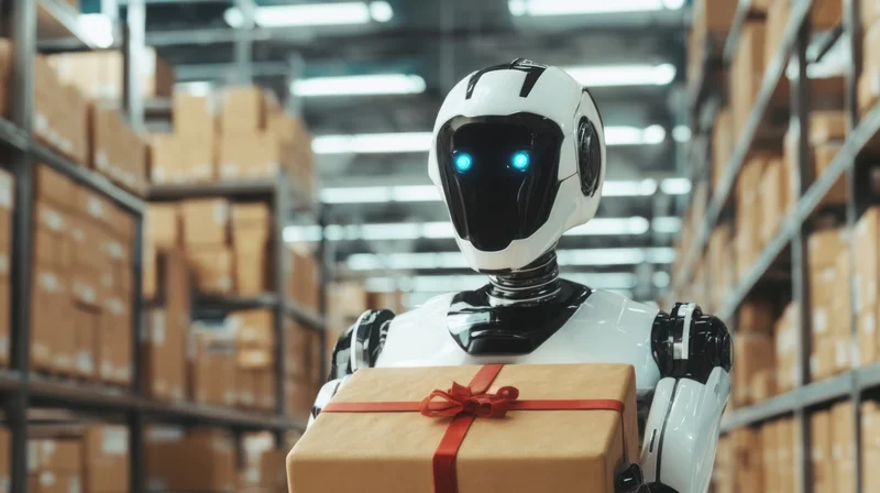 Robot holding a gift-wrapped package in a warehouse aisle