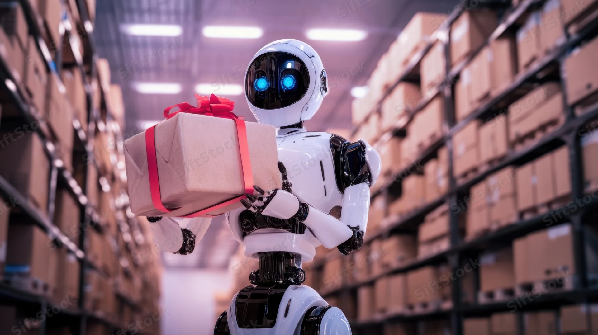 Humanoid robot holding a gift-wrapped box in a warehouse aisle
