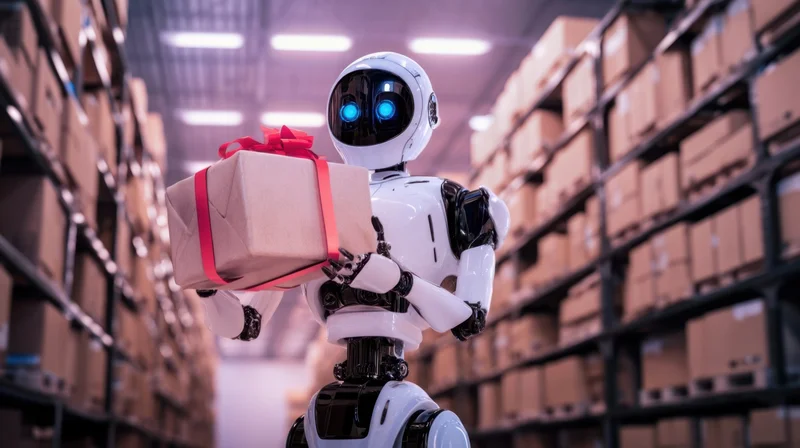 Humanoid robot holding a gift-wrapped box in a warehouse aisle