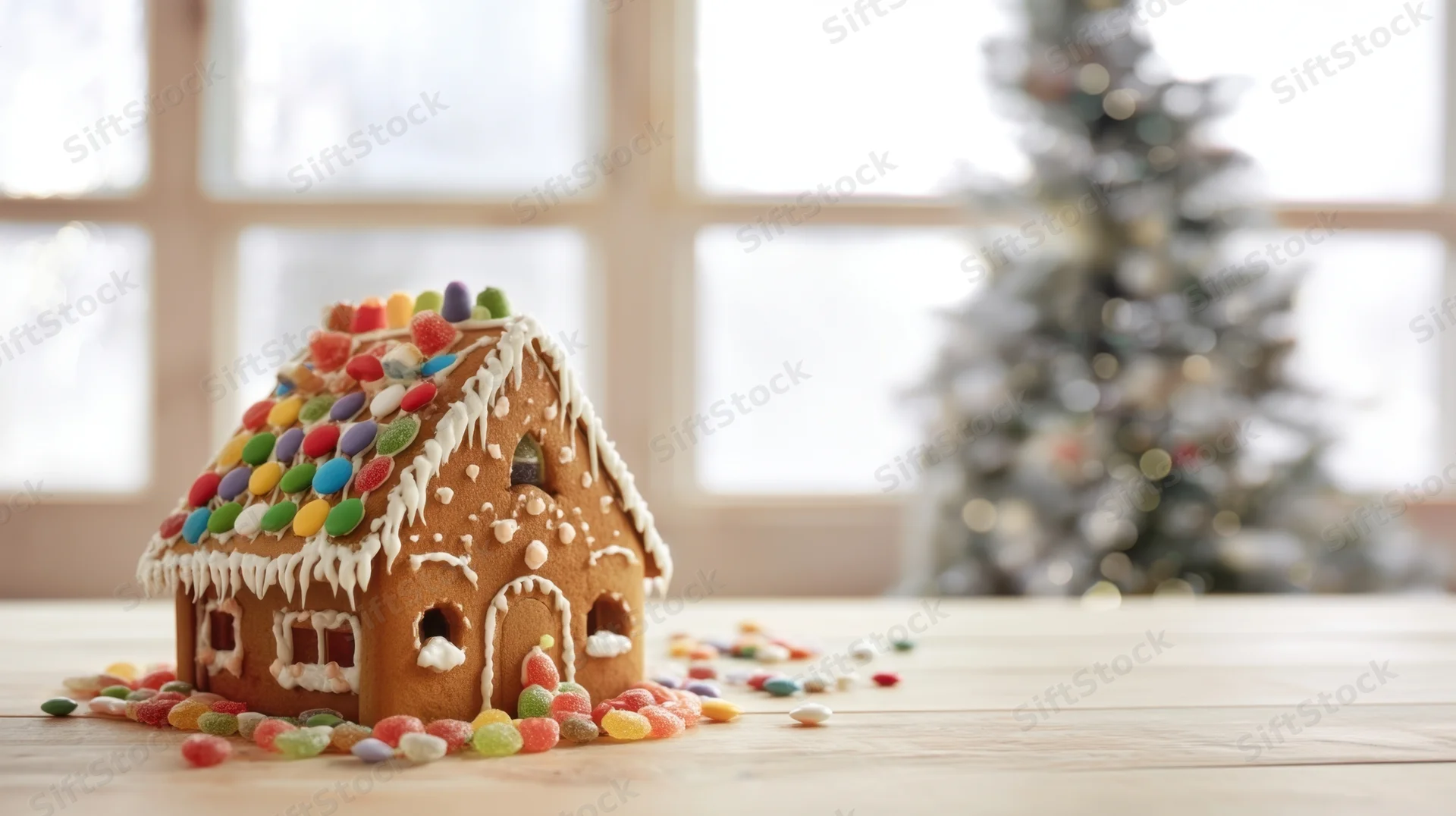 Gingerbread house decorated with candy and icing on wooden table near window with blurred christmas tree in background