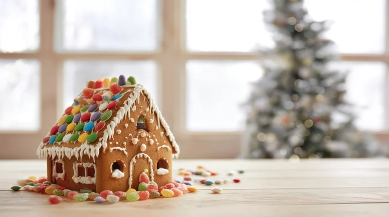 Gingerbread house decorated with candy and icing on wooden table near window with blurred christmas tree in background