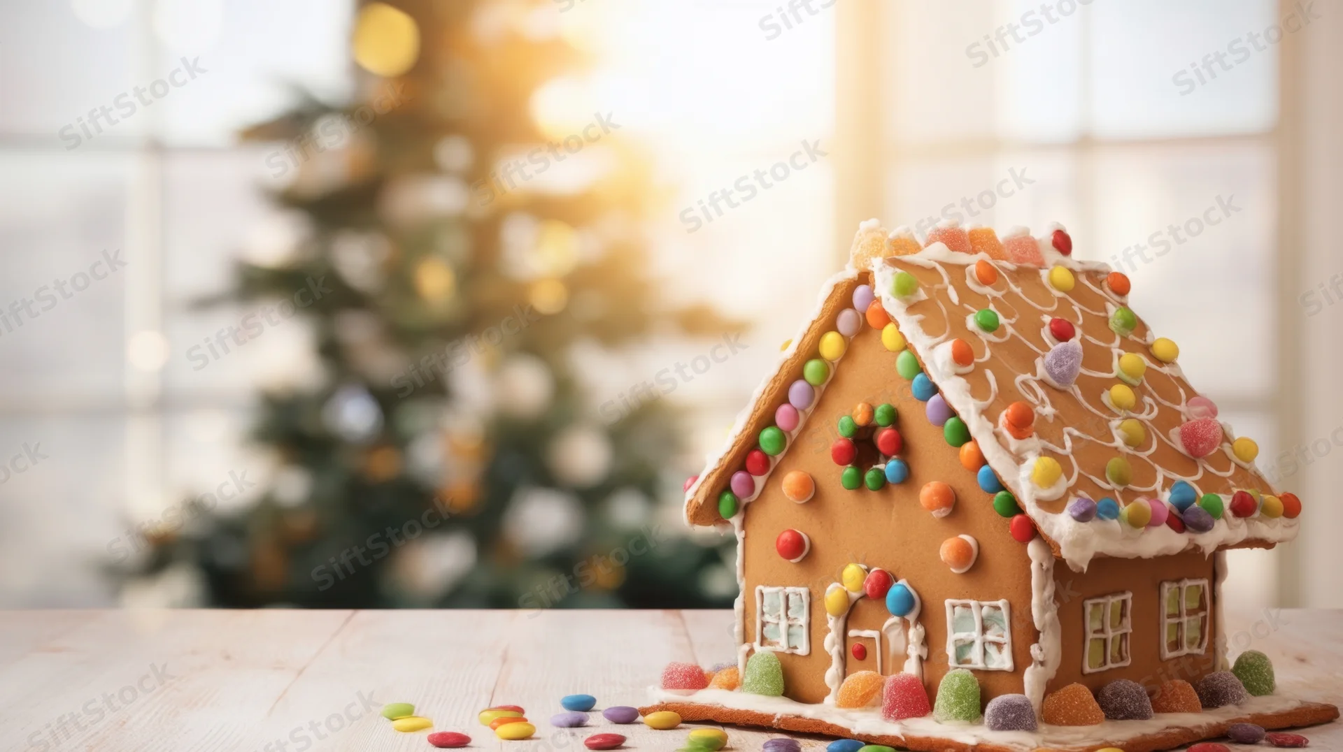 Gingerbread house decorated with colorful candies and icing on wooden table with blurred christmas tree in background