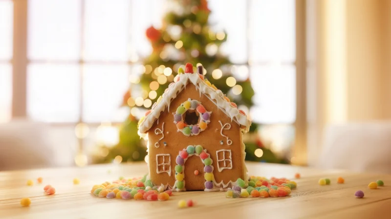 Gingerbread house decorated with colorful candies and icing on wooden table with blurred christmas tree in background