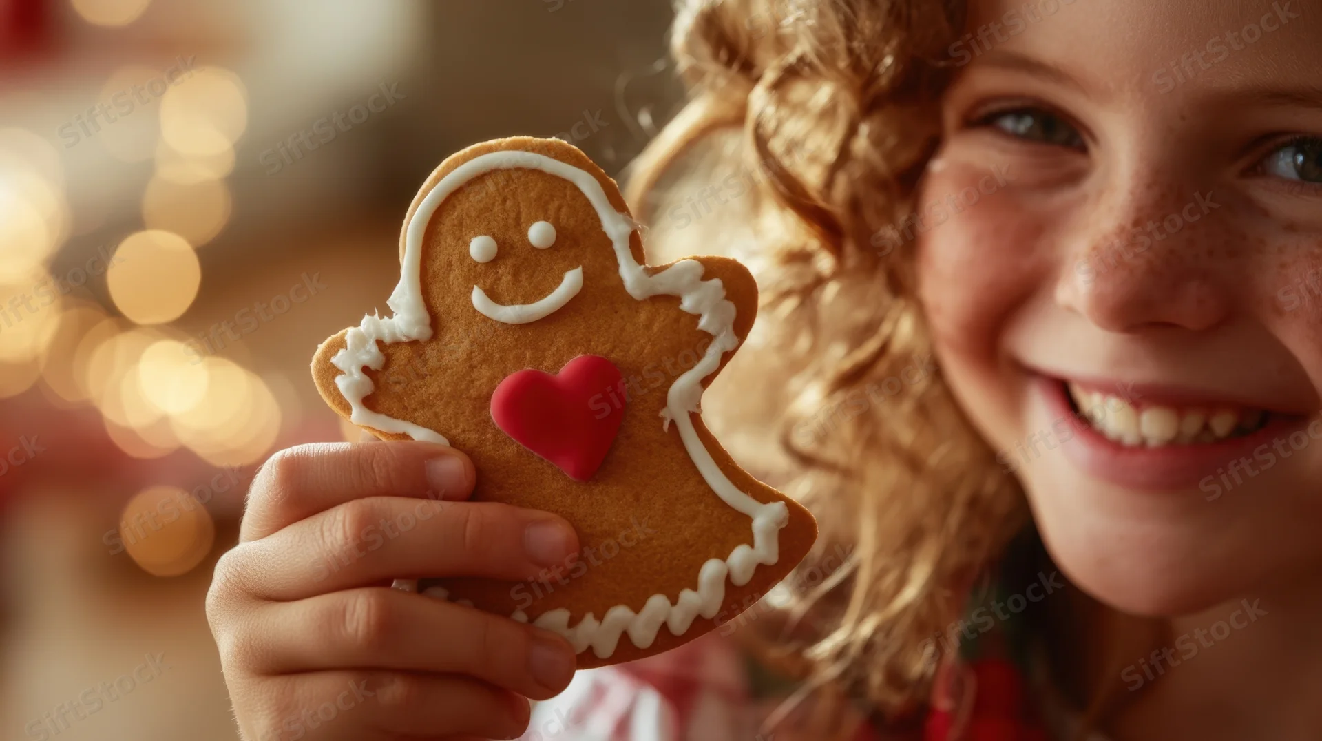 Girl holding gingerbread cookie with red heart decoration in front of blurred holiday lights