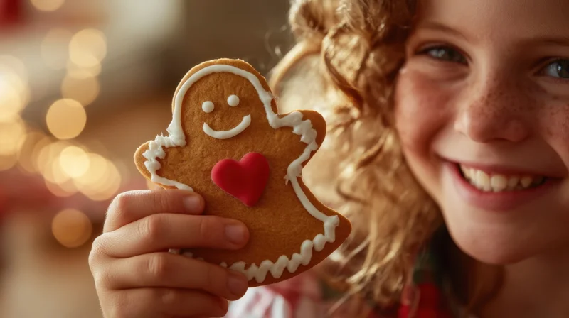 Girl holding gingerbread cookie with red heart decoration in front of blurred holiday lights