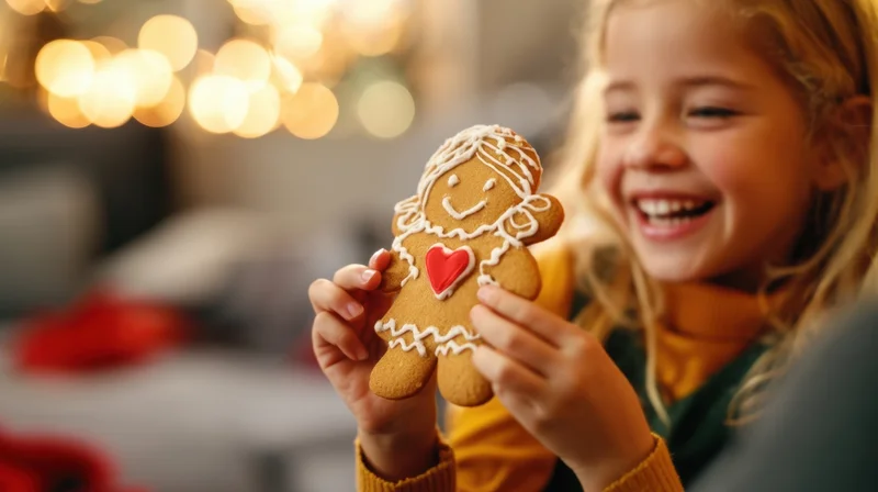Young girl smiling while holding a decorated gingerbread cookie indoors near holiday lights