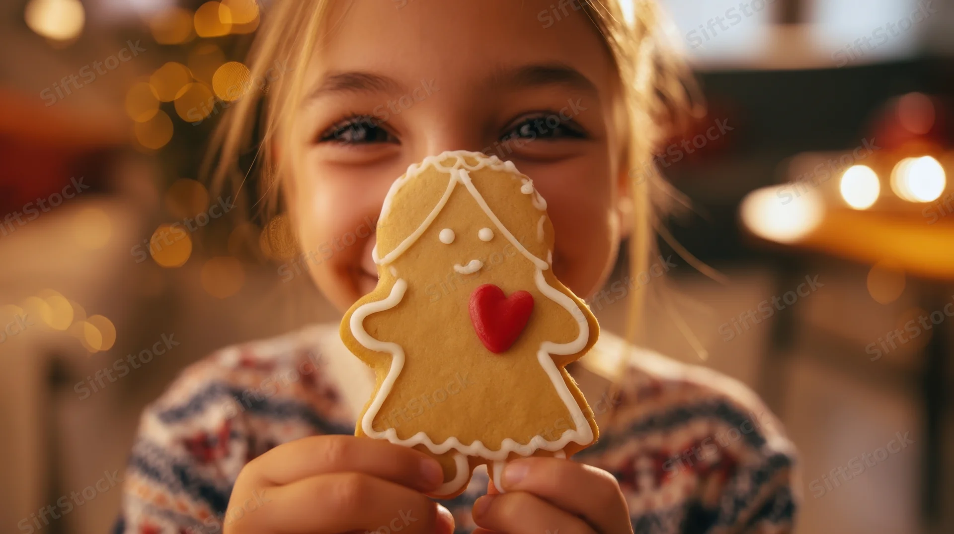 Young girl smiling while holding a gingerbread cookie with a red heart in front of her face indoors during christmas