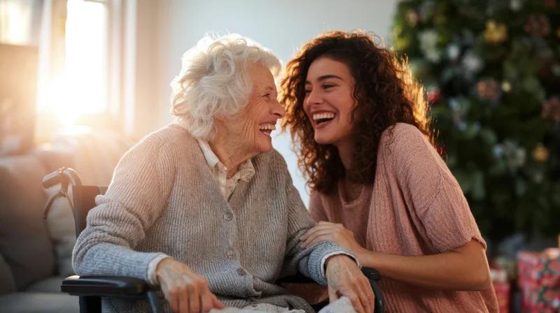 Young woman laughing with senior woman in wheelchair by christmas tree at home