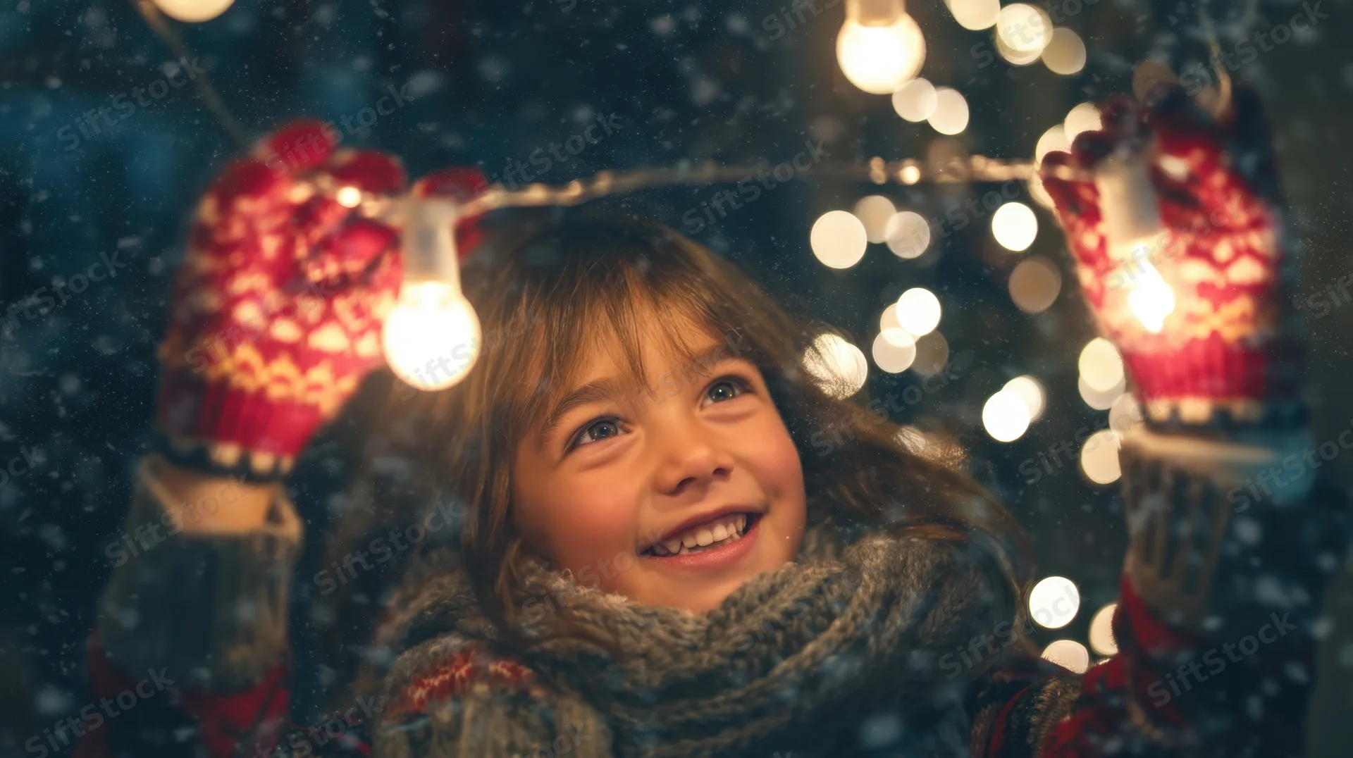 Girl smiling while holding string lights in snowy winter night