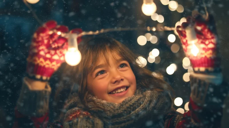 Girl smiling while holding string lights in snowy winter night