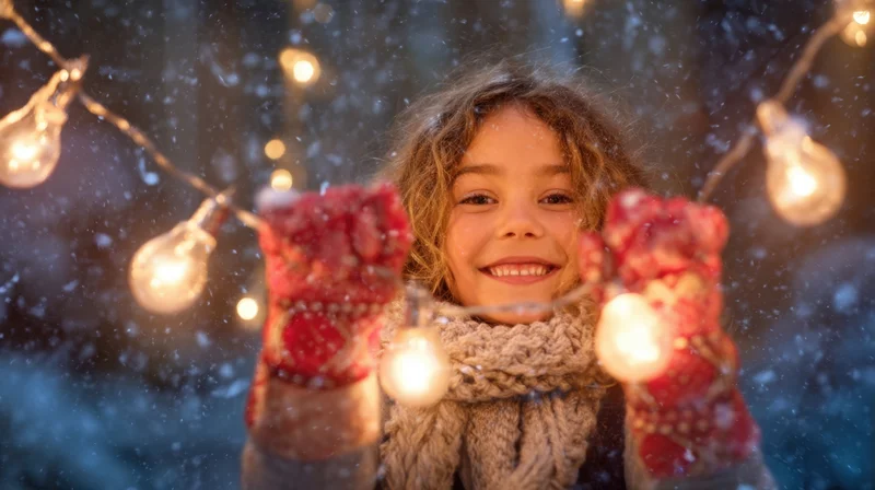 Girl smiling with string lights in snowy winter evening