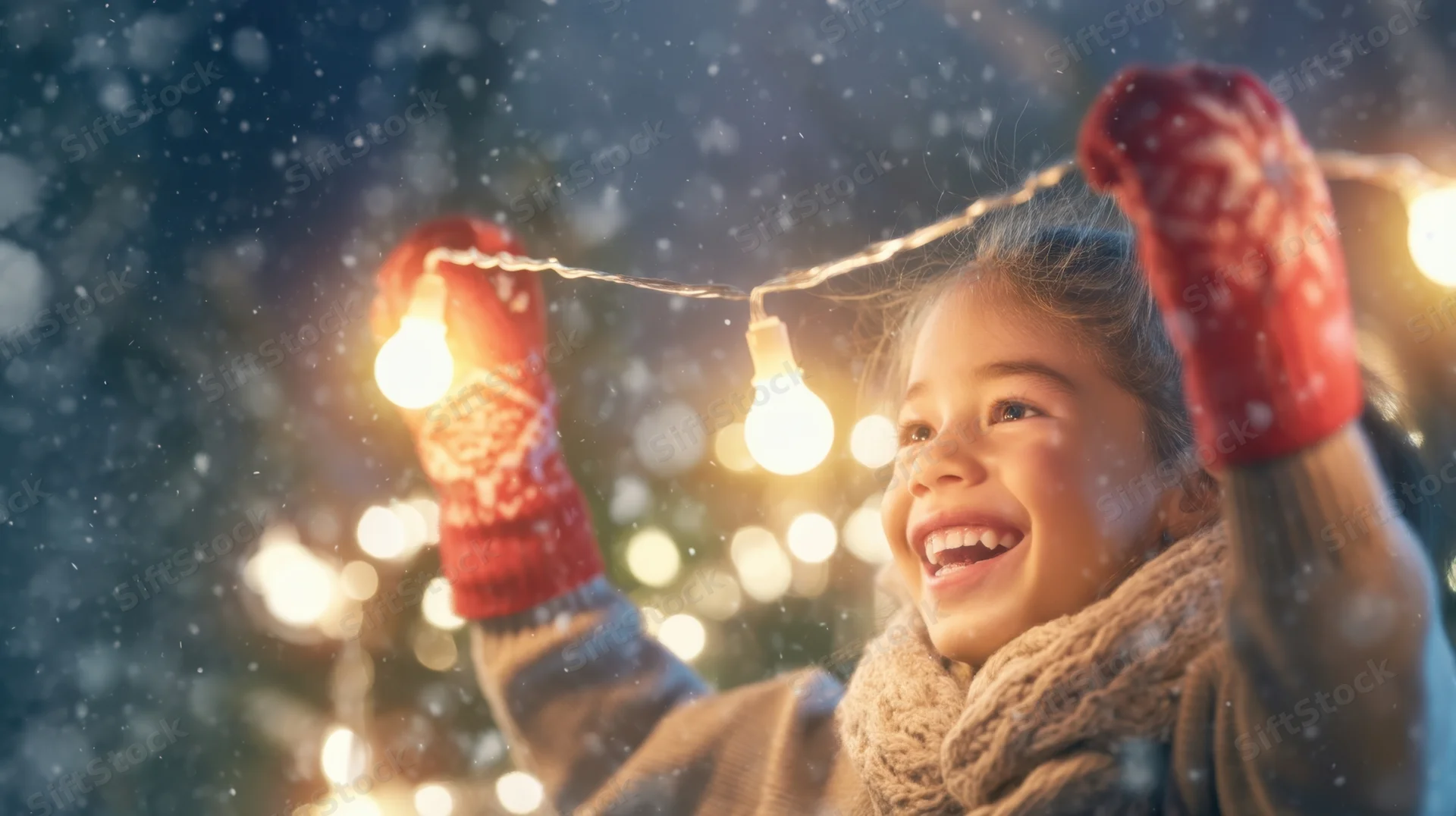 Girl smiling with string lights in snowy winter night