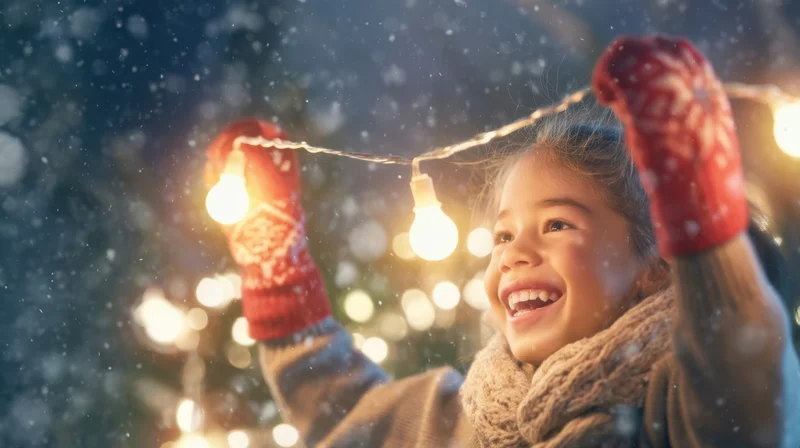 Girl smiling with string lights in snowy winter night