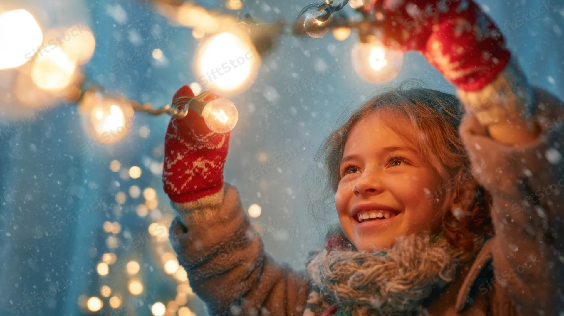 Young girl smiling while holding string lights in snowy winter evening outdoors